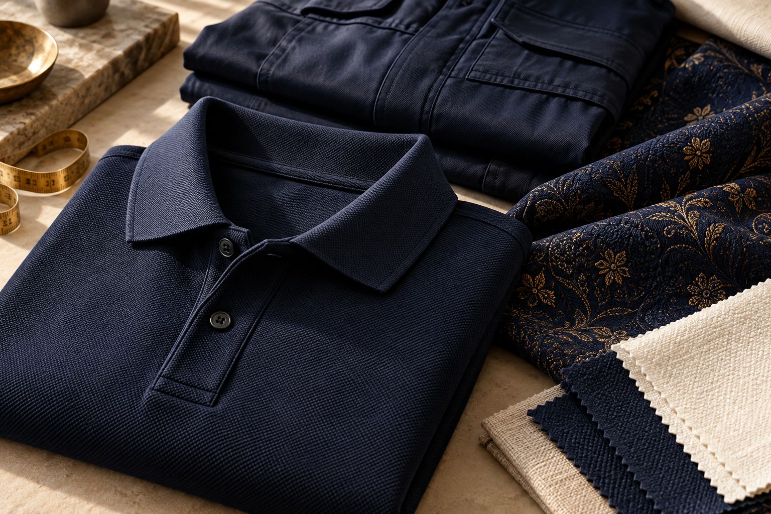 Ilustrasi koleksi polo navy, seragam kerja, kain batik bermotif emas, dan pilihan bahan